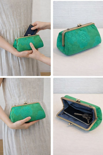 国産刺繍 がま口ポーチ｜エメラルドグリーン