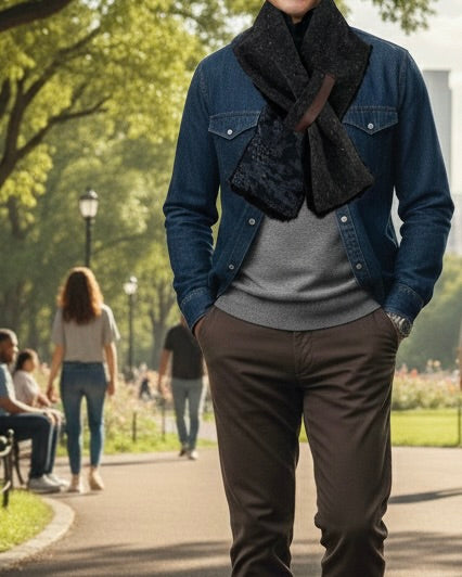 播州織✖️フェイクラビット⭐️1点ものマフラー⭐️クリスマスプレゼント⭐️通すだけで上品。冬の首元に大人の余裕を