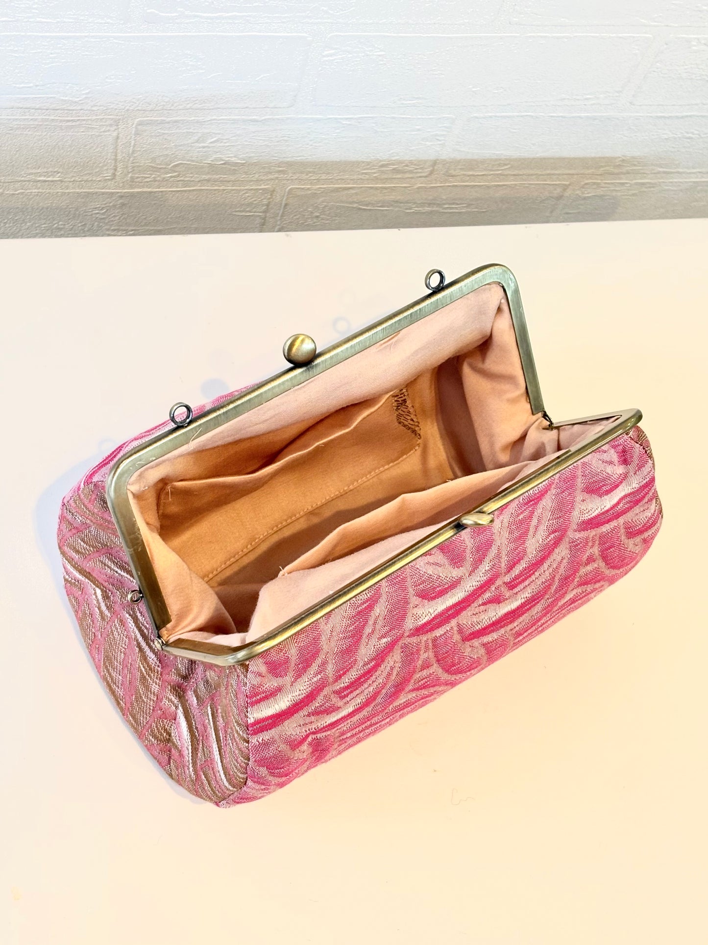 播州織 がま口ポーチ｜ピンクウェーブ