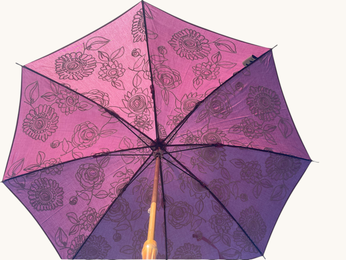 Floral Patterned Umbrella With Wooden Handle