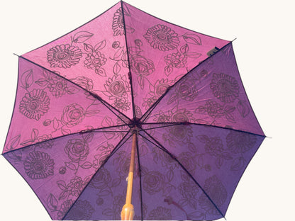 Floral Patterned Umbrella With Wooden Handle